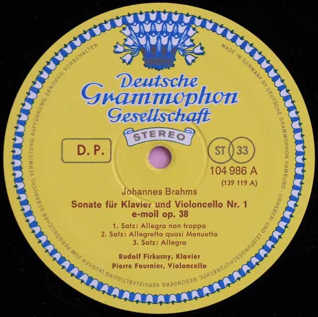 LP レコード フルニエ、フィルクスニーのブラームス/チェロソナタ第1