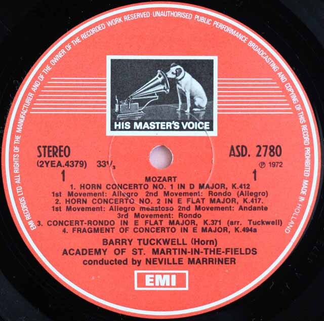 LPレコード タックウェル、マリナーのモーツァルト/ホルン協奏曲集 英