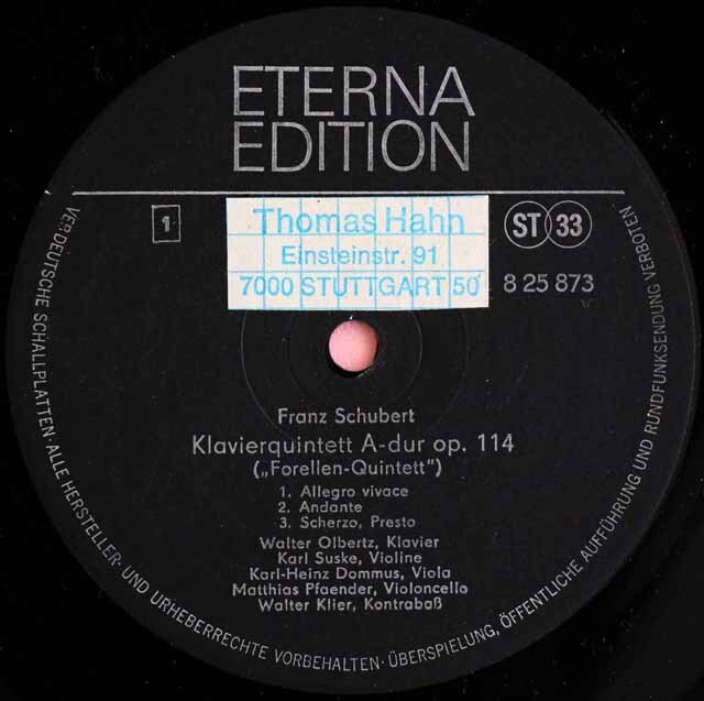 LP レコード オルベルツ、ズスケらのシューベルト/ピアノ五重奏曲「鱒