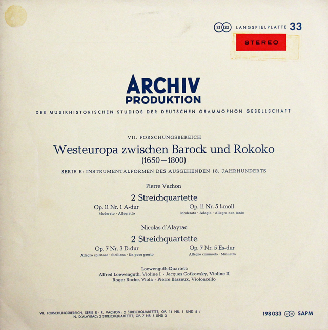 【赤ステレオ、カルテ付き】　バロックからロココ時代の間の西ヨーロッパ（1650-1800）　（レーヴェングート四重奏団のヴァション/弦楽四重奏曲 ほか）　独ARCHIV　3734　LP レコード