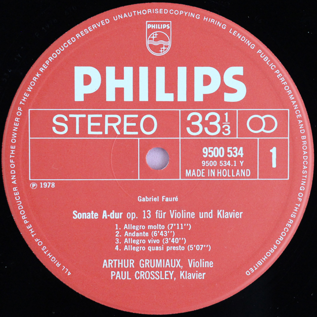 LP レコード グリュミオー&クロスリーのフォーレ/ヴァイオリンソナタ集