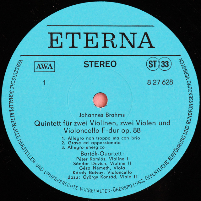 LP レコード バルトーク四重奏団、コンラードのブラームス/弦楽五重奏