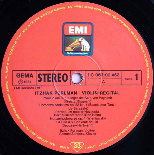 LP レコード パールマンの「ヴァイオリンリサイタル」 独EMI 3801