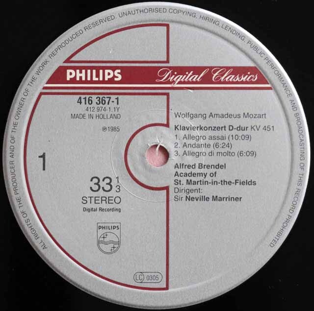 LP レコード ブレンデル、マリナーのモーツァルト/ピアノ協奏曲第16