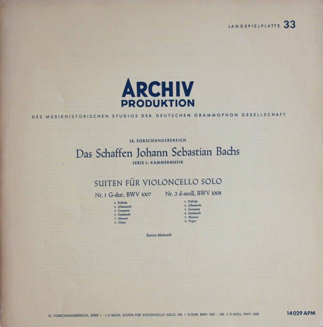 マイナルディのバッハ/無伴奏チェロ組曲第1&2番　独ARCHIV　3803　LP レコード