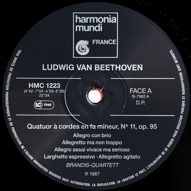 LP レコード ブランディス四重奏団のベートーヴェン/弦楽四重奏曲第11