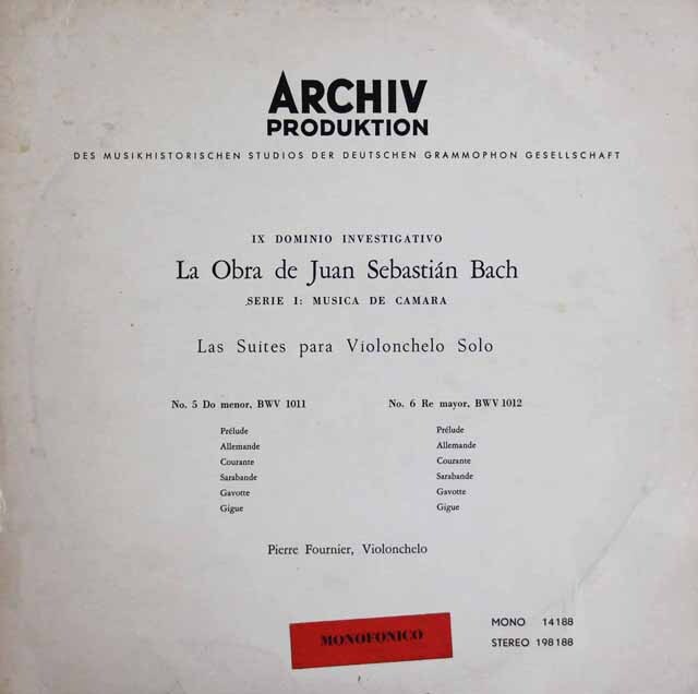 【モノラル】　フルニエのバッハ/無伴奏チェロ組曲第5、6番　独ARCHIV　3804　LP レコード