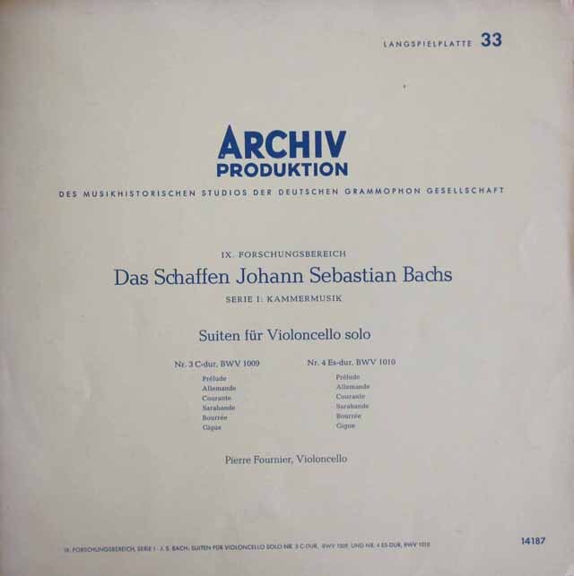 【モノラル】　フルニエのバッハ/無伴奏チェロ組曲第3、4番　独ARCHIV　3804　LP レコード