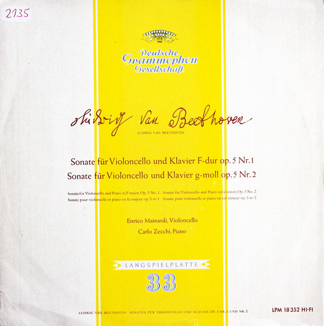 【オリジナル盤】 マイナルディのベートーヴェン/チェロソナタ第1&2番 独DGG 3810 LP レコード