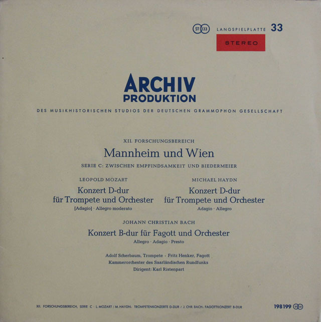 【赤ステレオ・オリジナル盤】　シェルバウム、リステンパルトのハイドン/トランペット協奏曲ほか　独ARCHIV　3829　LP レコード