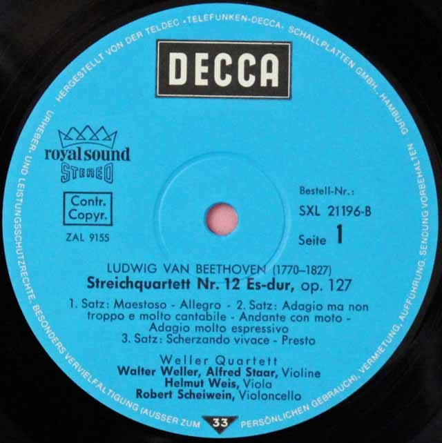 ウェラー四重奏団のベートーヴェン/弦楽四重奏曲第12番ほか 独DECCA 2810 LP レコード