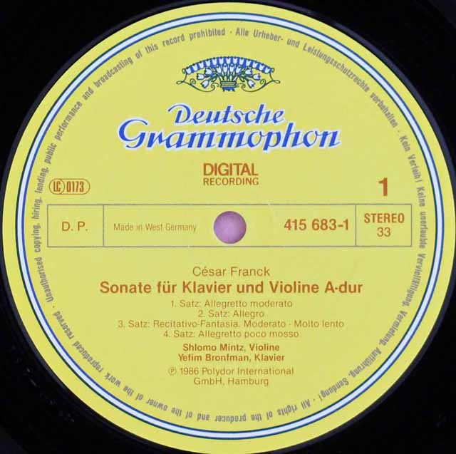 独DGG 415683-1　フランク「ヴァイオリンソナタ」　シュロモ・ミンツ LP レコード ミンツ、プロンフマンのフランク、ドビュッシー、ラヴェル