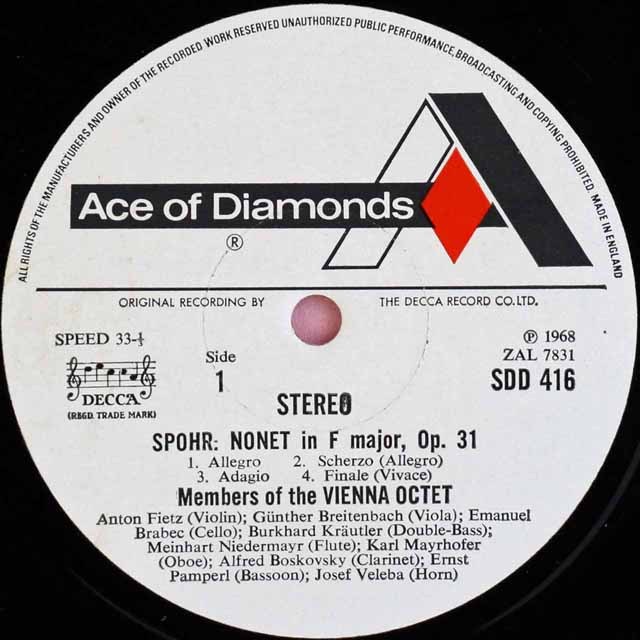 ウィーンオクテットのシュポーア/九重奏曲ほか 英DECCA 3620 LP レコード