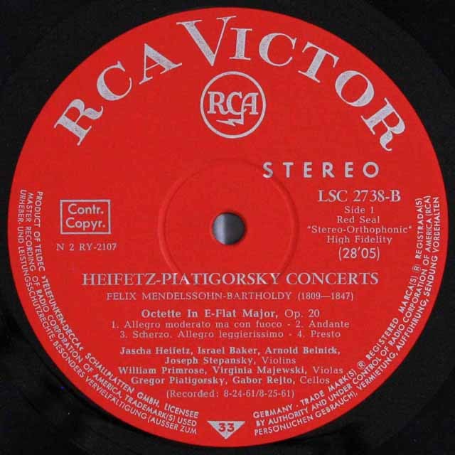 ハイフェッツらのメンデルスゾーン/八重奏曲ほか 独RCA 3231 LP レコード