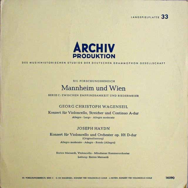マイナルディのハイドン、ヴァーゲンザイル/チェロ協奏曲集　独ARCHIV　3699　LP レコード
