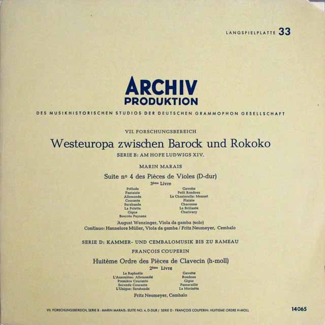 ヴェンツィンガーらのマレ/ヴィオール曲集第3巻からほか　独ARCHIV　3229　LP レコード