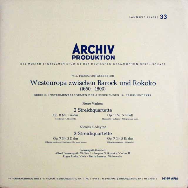 レーヴェングート四重奏団のヴァション、ダレイラク/弦楽四重奏曲集　独ARCHIV　3699　LP レコード