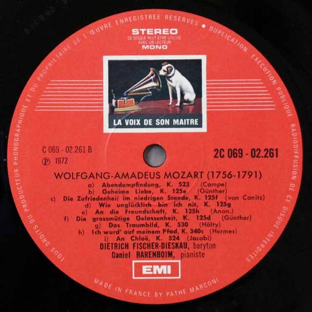 フィッシャー＝ディースカウ名唱盤　レコード LP レコード フィッシャー=ディースカウのモーツァルト/歌曲集 仏EMI