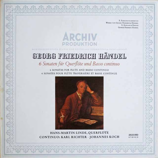 リンデ、リヒターのヘンデル/フルートソナタ集　独ARCHIV　2517　LP レコード