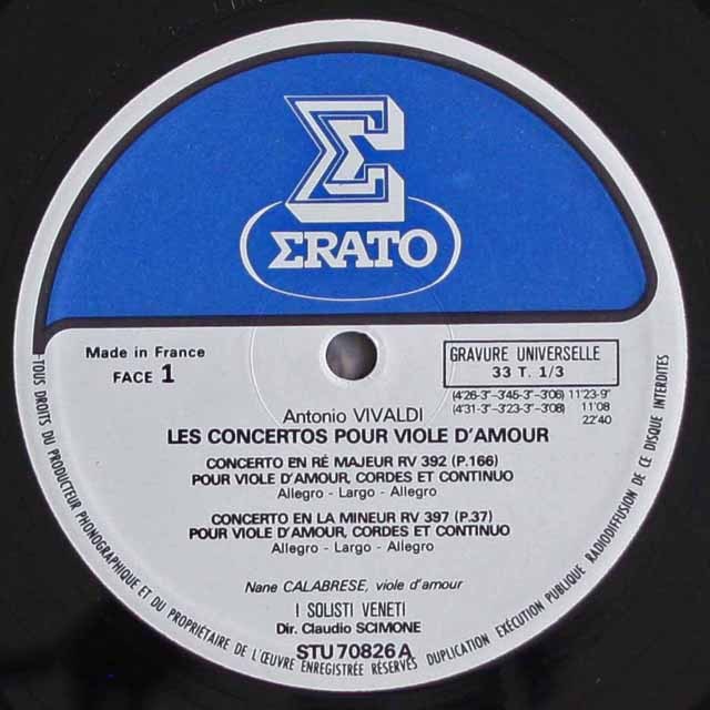 カラブレーゼ&シモーネのヴィヴァルディ/ヴィオラ・ダ・モーレ協奏曲集 仏ERATO 2527 LP レコード