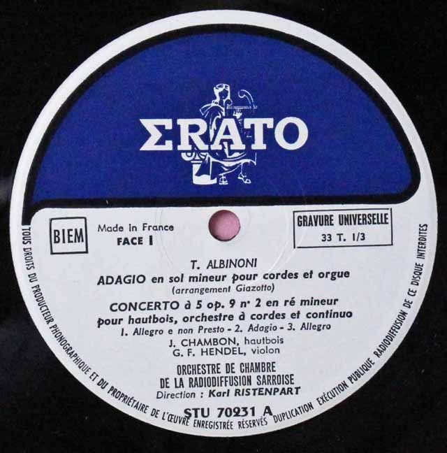 LP レコード リステンパルト、アンドレらのアルビノーニ/「アダージョ」、トランペット協奏曲ほか 仏ERATO 3518