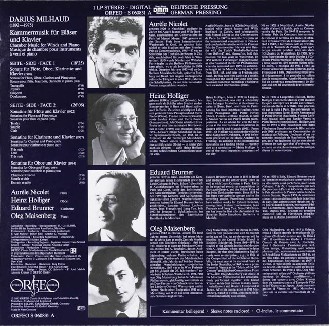 LP レコード ホリガーら&マイセンベルクのミヨー/管楽器とピアノのための室内楽集 独ORFEO 3289