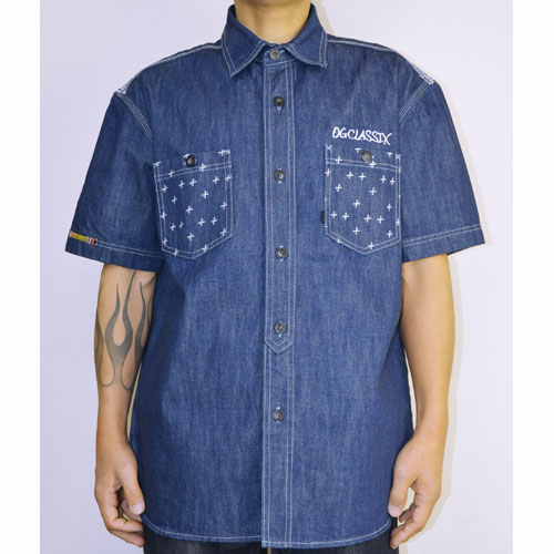 【OG CLASSIX/オージークラシックス】BANDANA CROSS DENIM SHIRTS【半袖デニムシャツ】【バンダナ】【ペイズリー】【クロス】
