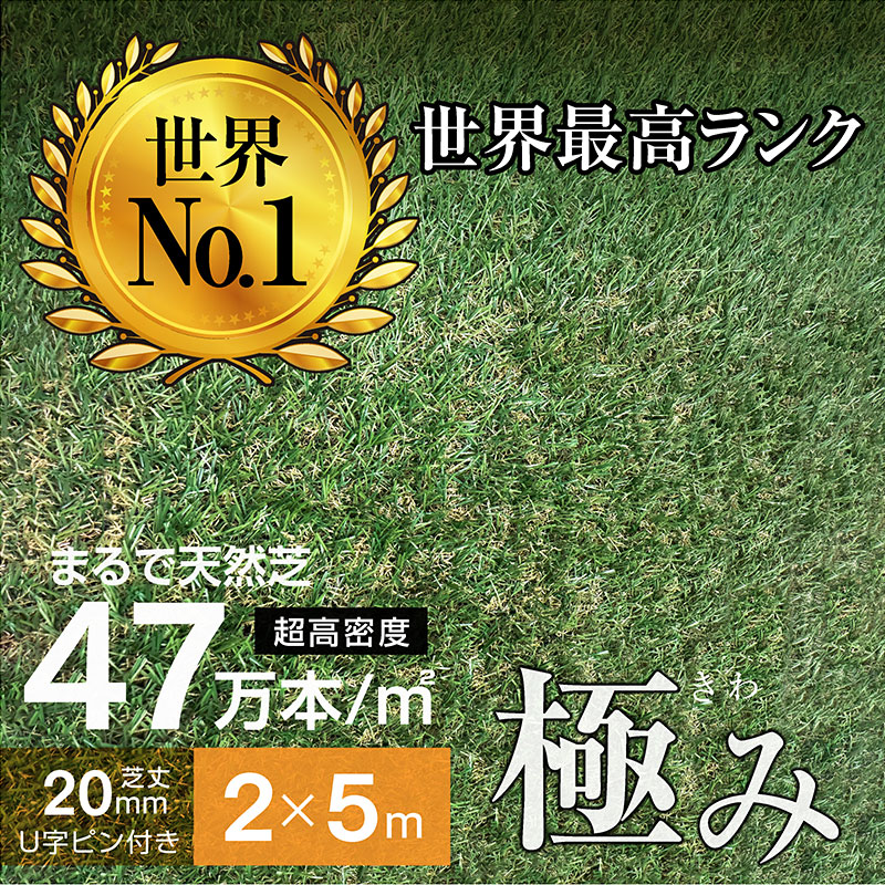 人工芝 超高密度47万本 耐候性10年 芝丈20ｍｍ 固定ピン付属 2×5ｍロール