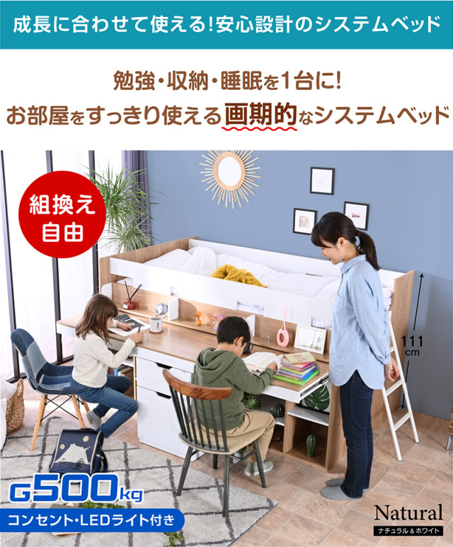 システムベッド| ロフトベッド デスク付きで省スペース、収納シェルフ システムベッド| ロフトベッド デスク付きで省スペース、収納シェルフ