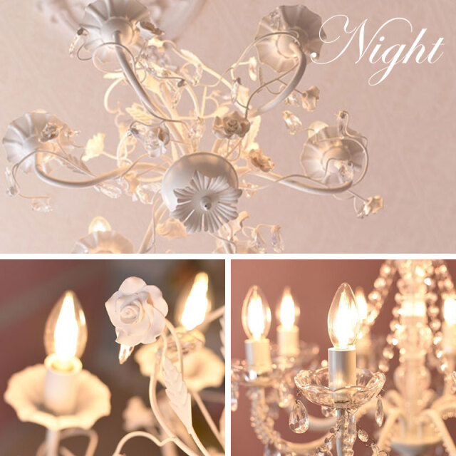 お手軽取付】LEDライト付 6灯 シャンデリア ホワイトローズ 姫系家具  