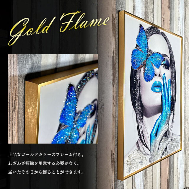 ★美女 ポスター 蝶 立体 デコレーション タペストリ アート 金属 フレーム★ 水晶パネル アートパネル 60×80cm 金フレーム付き 女性 クリスタル