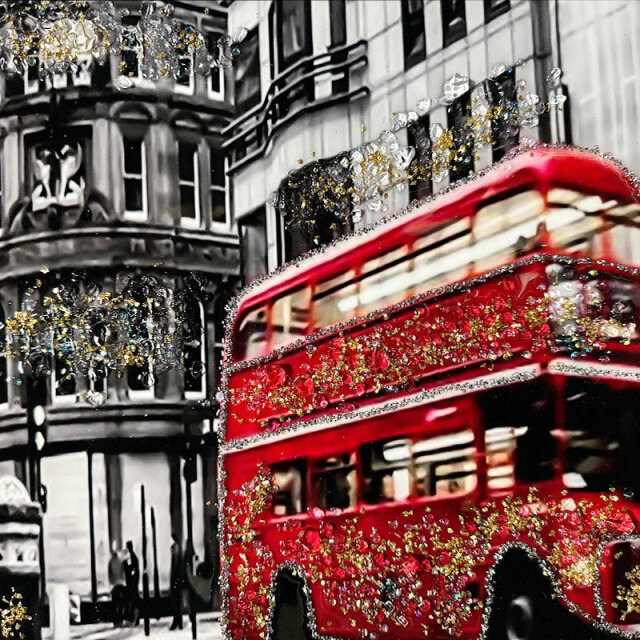 水晶アートパネル　水晶画　ロンドンバス 水晶パネル アートパネル 60×80cm 街並み 金フレーム付き クリスタル