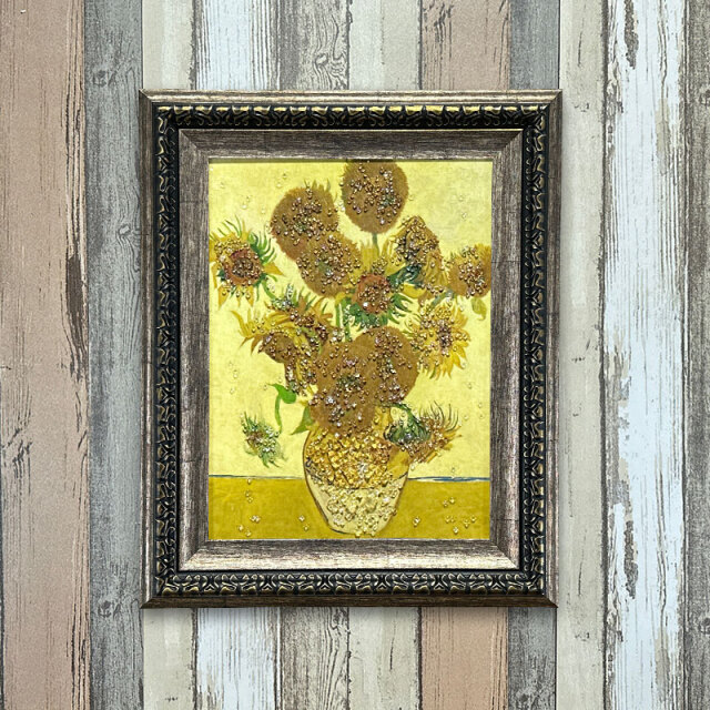 輸入雑貨　フィンセント・ファン・ゴッホ　絵画　『ひまわり』　水晶クリスタルアート 水晶パネル アートパネル 42×52cm 名画 ひまわり フレーム付き