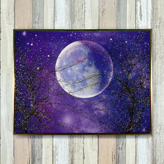 水晶パネル アートパネル 60×80cm 満月 風景 金フレーム付き