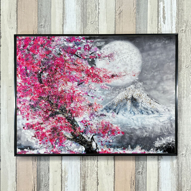 水晶パネル アートパネル 60×80cm 桜 月 富士山 風景 黒フレーム
