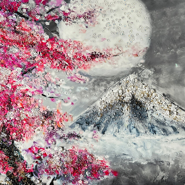 水晶パネル アートパネル 60×80cm 桜 月 富士山 風景 黒フレーム