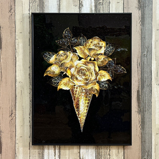 花の絵画 金属製フレーム付き 水晶パネル アートパネル 60×80cm 花束 黒フレーム付き
