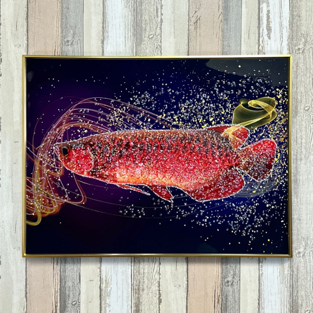 水晶パネル アートパネル 60×80cm アロワナ 金フレーム付き クリスタル