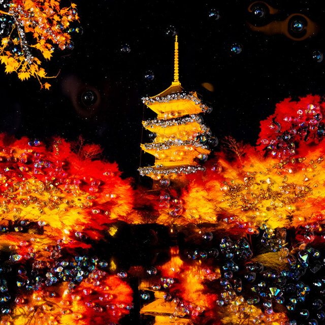秋の風景 水晶アートパネル 絵画 水晶パネル アートパネル 40×50cm 風景 黒フレーム付き クリスタル