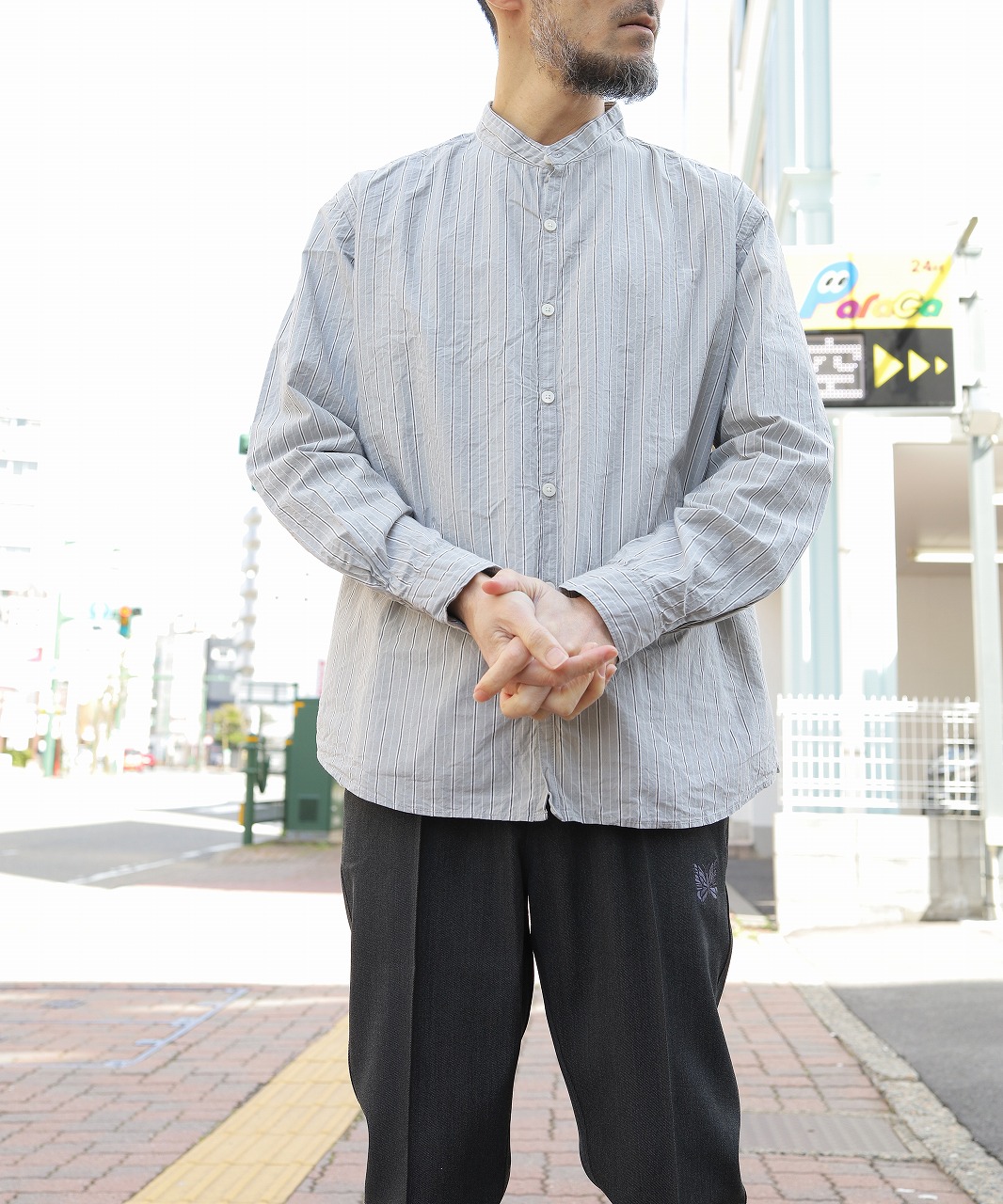 ムヤ/MUYA　Atelier shirts relax stand collar - Gray stripe