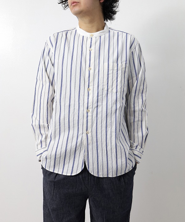 リネン/RINEN 　40/1 オーガニックストライプ　クレリックスタンドカラーシャツ（全２色）