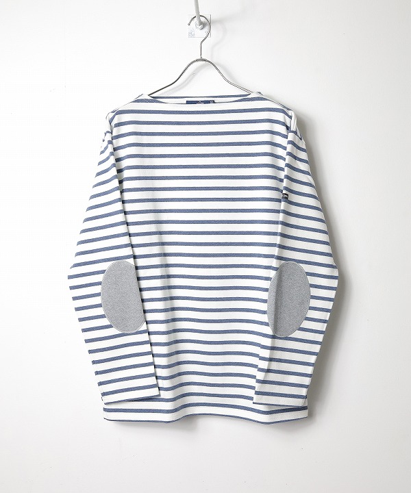 セントジェームス/Saint James　OUESSANT ELBOW PATCH -  NEIGE/INDIGO/GRIS（ホワイト/霜降りインディゴ/グレー)