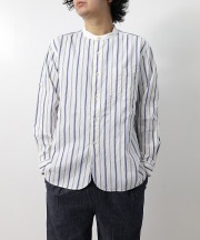 リネン/RINEN 　40/1 オーガニックストライプ　クレリックスタンドカラーシャツ（全２色）