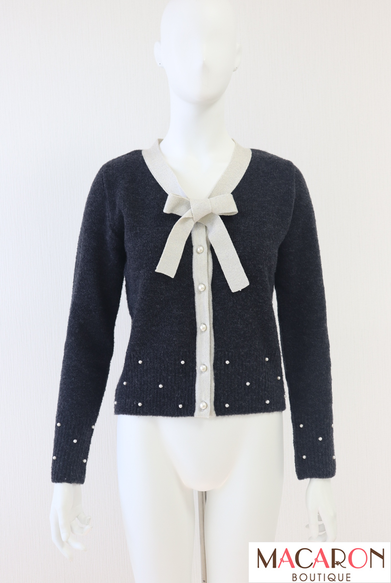 美品✨ Rene カーディガン パール ビジュー ダブルジップ ボンボン M Rene（ルネ） リボン＆パールウールカーディガン 6942890