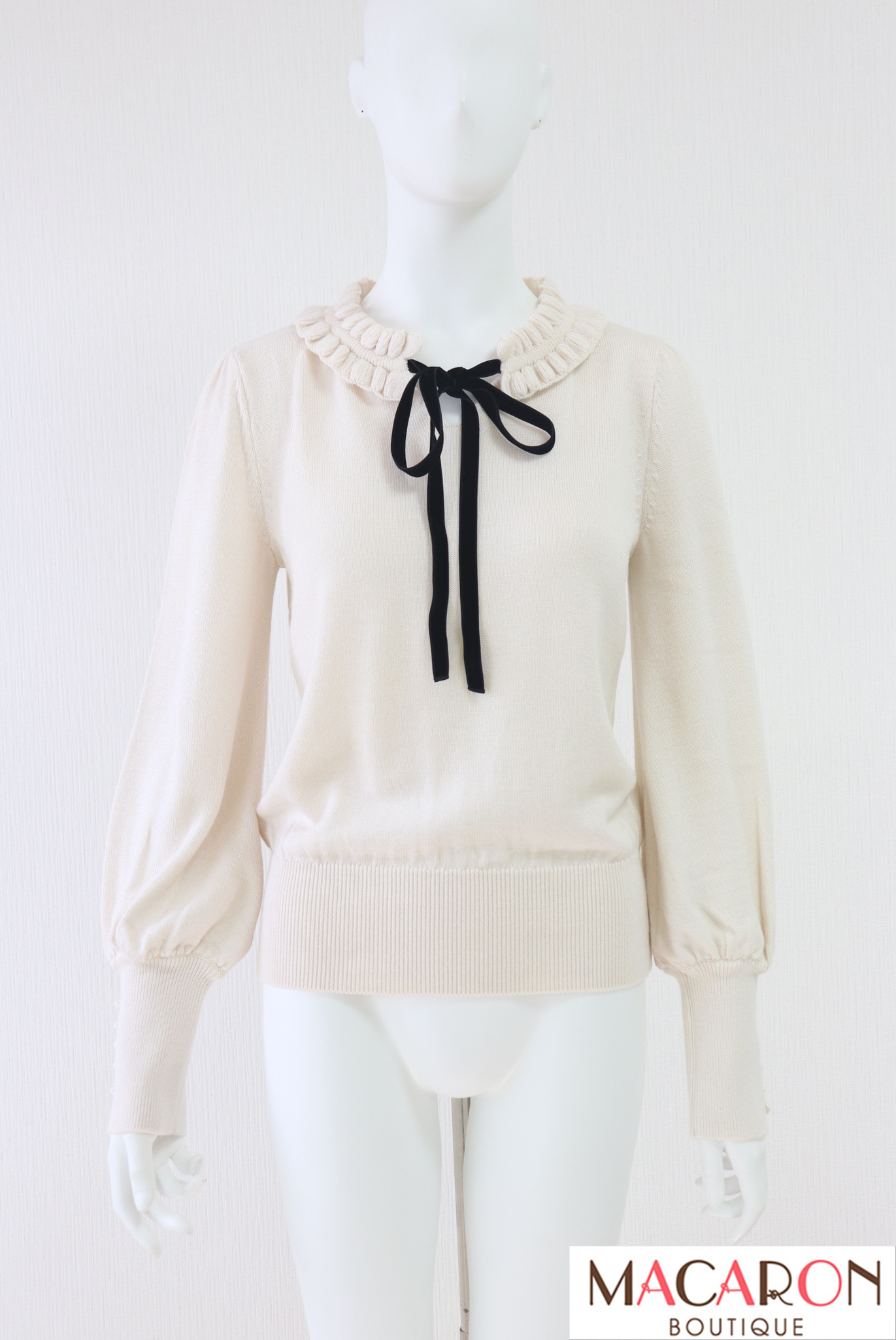 格安‼︎◎Rene ルネ◎襟付きリブニット/34白 Rene（ルネ） ベロアリボンウールニットセーター 6232290