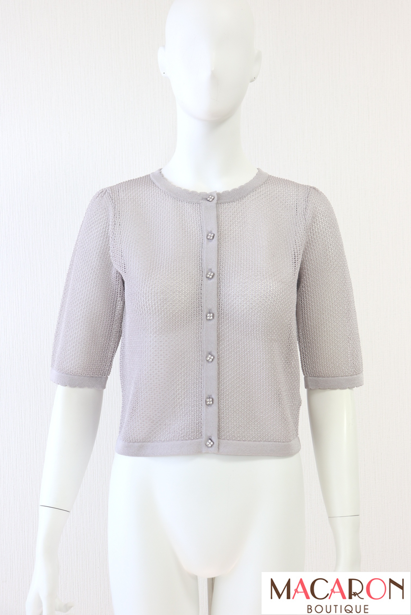 ルネ パール付透かし編みニットカーディガン 34 ① Rene（ルネ） 透かし編み五分袖カーディガン 5532030