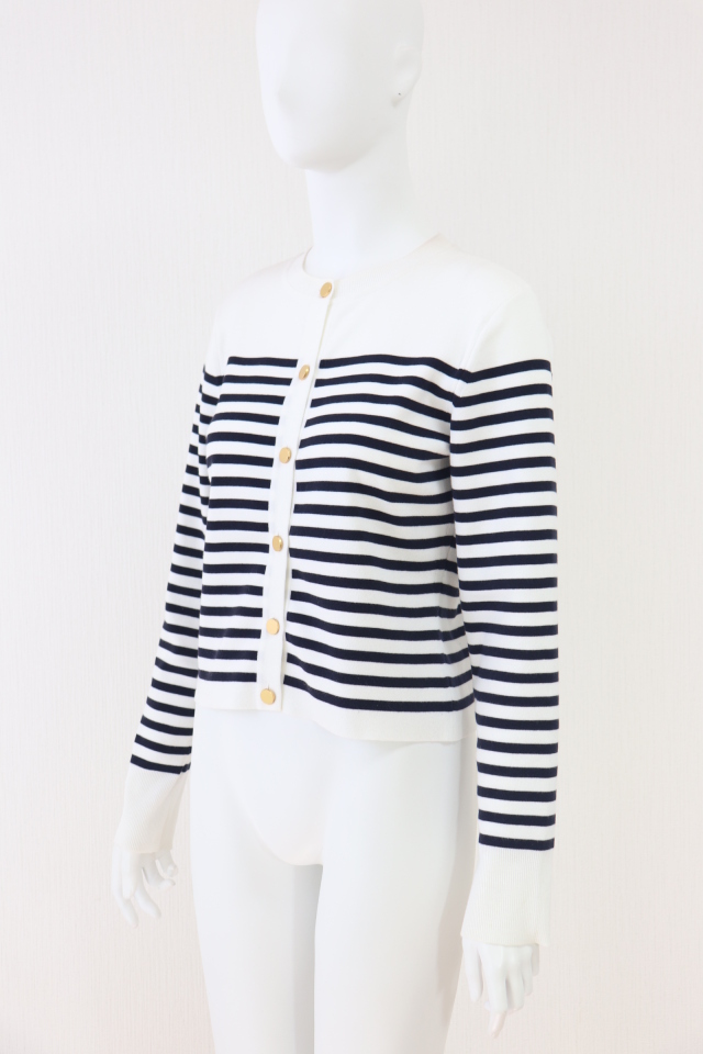 美品　フォクシー　半袖ニット　ボーダー　ネイビー　白　38 FOXEY BOUTIQUE(フォクシー） River ボーダーニットカーディガン