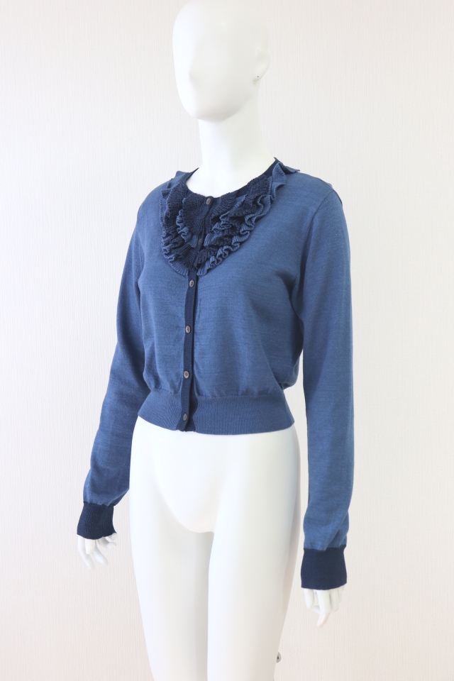 美品　Foxey フォクシー　ニットカーディガン　レース　シトロン　フリル　40 FOXEY BOUTIQUE(フォクシー） 胸元フリルニットカーディガン 35295