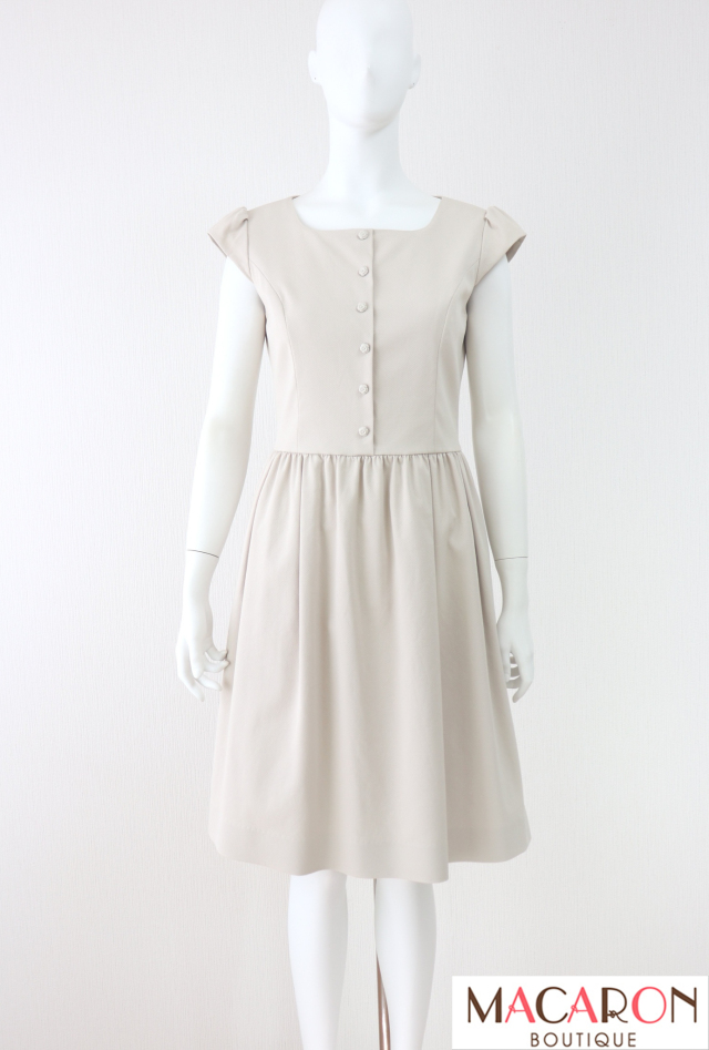 美品✨️ルネ フレアワンピース フレンチスリーブ リボン ロゴ ベージュ 38 Rene（ルネ）