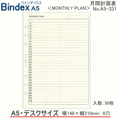 システム手帳 A5 デスクサイズ リフィル 月間計画表 バインデックス